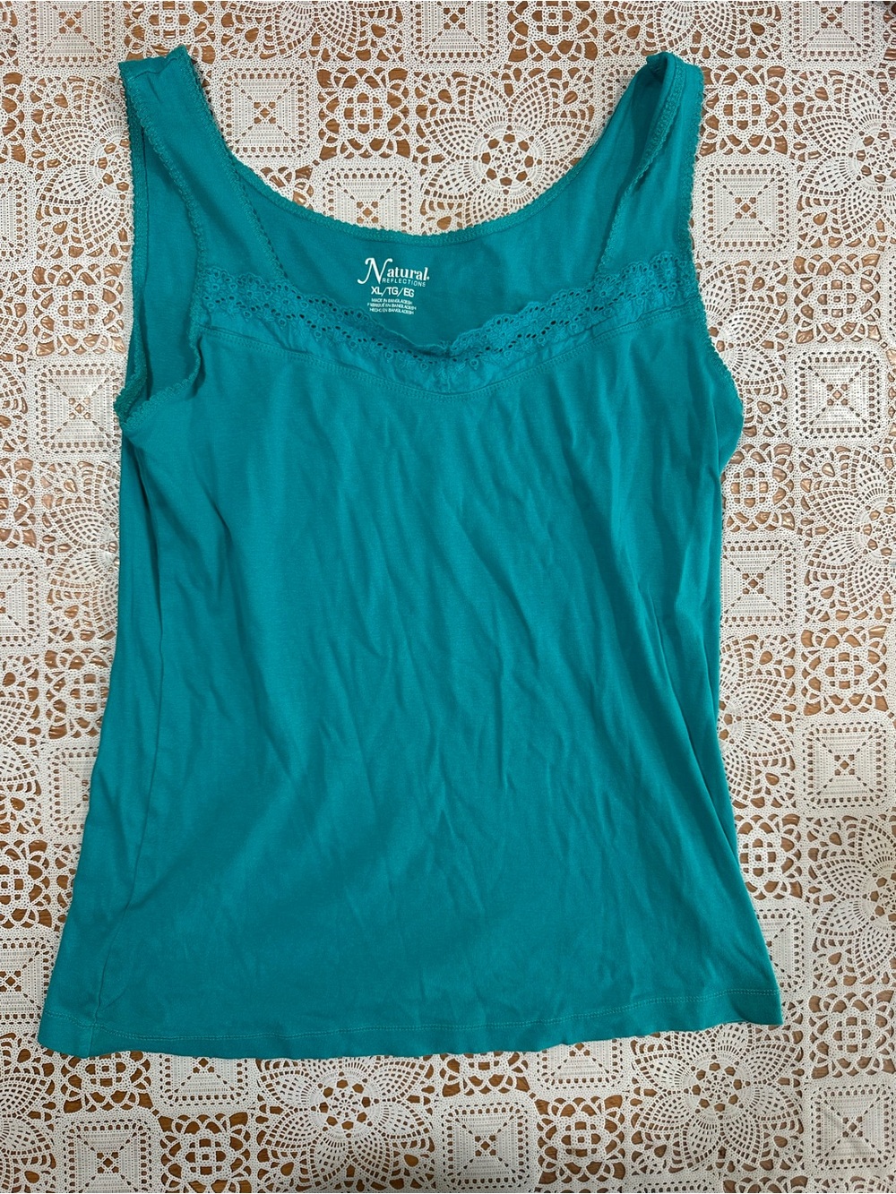 Natural Reflections Teal Lace Trim Cotton Tank Top XL Sleeveless